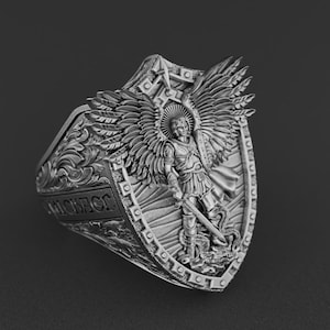 Handgemachter Erzengel Michael Silberring, personalisierter St. Michael Schutzring, religiöser Schmuck für Männer, Retter Geschenk, Glaubensring