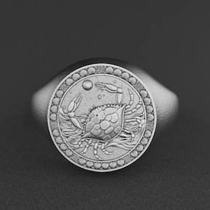 Cancer Zodiac Signet Ring, Sterling Silver Crab Horoscope Jewelry