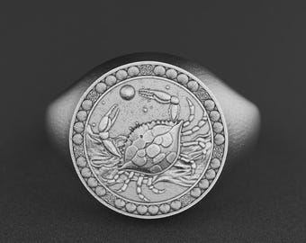 Cancer Zodiac Ring, Sterling Silver Crab Signet, Handmade Horoscope Jewelry, Astrology Gift for Cancer, Unique Birthday Ring for Men & Women