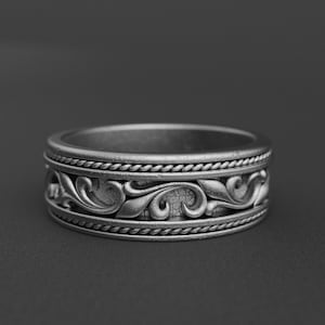 Victorian Floral Wedding Band, Engraved Silver Ring for Men, Antique Style Promise Ring, Elegant Anniversary Gift, Vintage Jewelry
