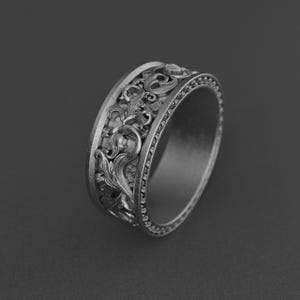 Anillo de compromiso con motivo de hoja tallada para él: alianza rococó de plata de ley oxidada, anillo de compromiso floral para hombre.