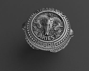 Sterling Silver Aries Skull Signet Ring – Gothic Ram Zodiac Ring for Men, Handmade Memento Mori Jewelry, Horoscope Gift for Him