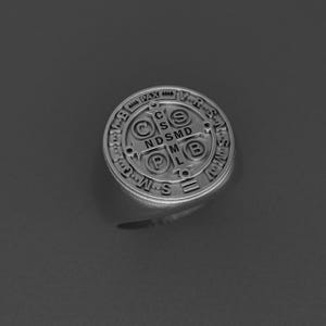 St. Benedict Medal Signet Ring for Men – Oxidized Sterling Silver Exorcism Cross, Christian Gift, Religious Jewelry Accessory