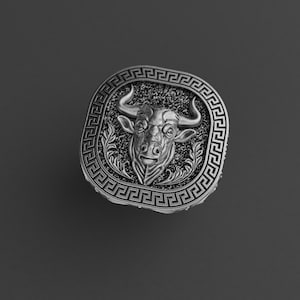 Anillo sello Tauro de plata de ley, joyería zodiacal con cabeza de toro hecha a mano