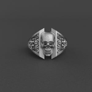 Ornate Gothic Skull Ring – Handmade Sterling Silver Men’s Ring, Floral Baroque Skeleton Jewelry, Statement Punk Ring