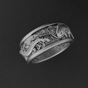 Koi Fish and Dragon Ring, Sterling Silver Handmade Japanese Band, Symbol of Strength and Wisdom, Unique Gift for Men