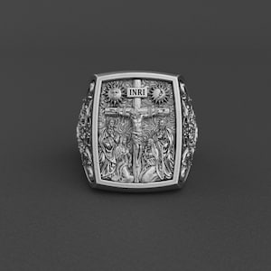 Jesus Crucifixion Ring, INRI Christian Sterling Silver Ring, Religious Statement Ring for Men, Catholic Jewelry, Easter Gift for Him