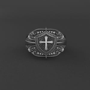 Handmade Sterling Silver Cross Shield Men&#39;s Ring – Christian Jewelry, Catholic Gift, Religious Statement Ring