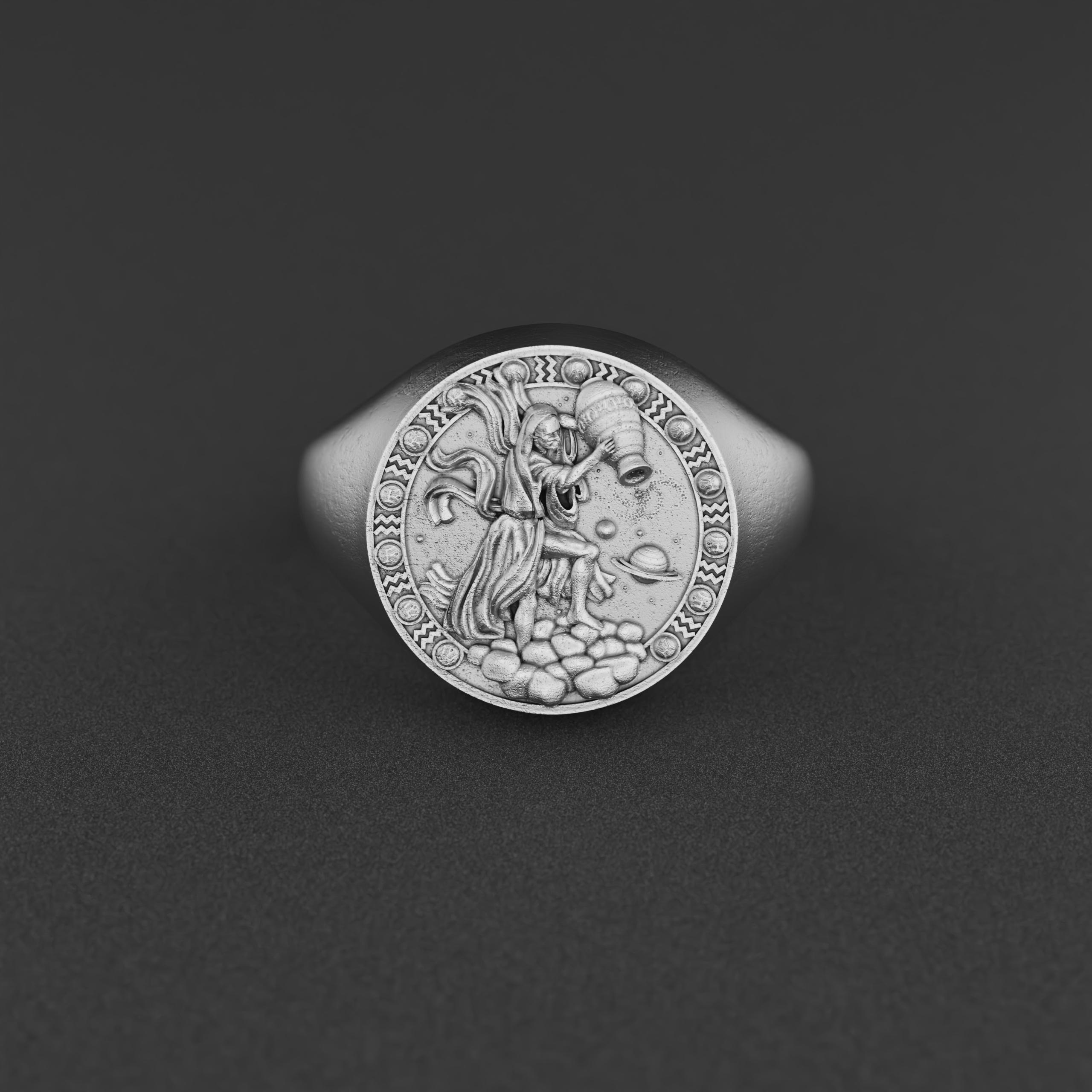 Aquarius Zodiac Ring, Sterling Silver Water Bearer Signet, Astrology Jewelry, Celestial Horoscope Ring, Aquarius Gift for Men & Women