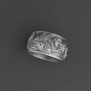 Carp and Waves Nature Ring in Sterling Silver – Japanese Art Inspired Fish Ring, Men’s Wedding Band or Spiritual Gift Jewelry