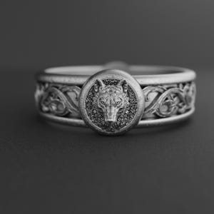 Wolf with Lily Motifs Handmade Sterling Silver Men Band Ring, Viking Wolf Wedding Ring, Stackable Biker Ring, Animal Ring, Anniversary Ring