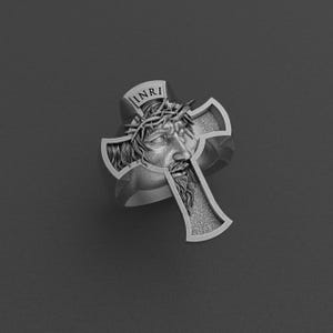 Sterling Silver Jesus Christ INRI Cross Ring, Crucifixion Religious Jewelry, Christian Men’s Signet Ring, Handmade