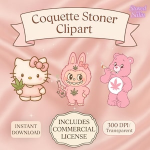 Paquete de pegatinas de Coquette Stoner / Imágenes PNG con estética de marihuana / Clipart de cannabis rosa kawaii para agendas, diarios y sublimación