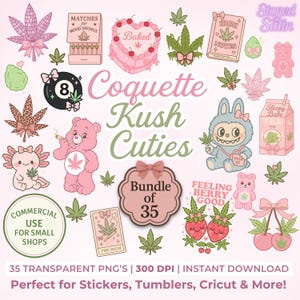 Zestaw naklejek Coquette Stoner | Słodkie estetyczne obrazy PNG z trawką | Kawaii Pink Cannabis Clipart do planerów, dzienników i sublimacji