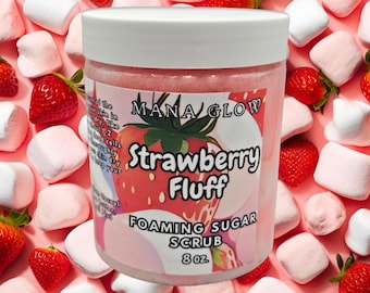 Strawberry Fluff Sugar Scrub – Yum Boujee Marshmallow Inspired Scent | Handmade Foaming Exfoliating Body Scrub, Self Care Gift