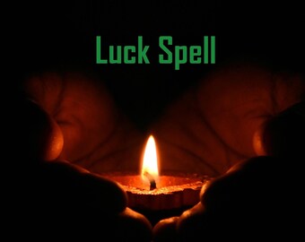 May include: A single candle flame glows brightly in the center of the image, held in cupped hands against a dark background. The text "Luck Spell" is written in green above the candle.