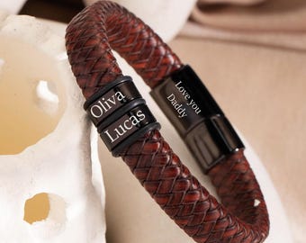 Custom Braided Leather Bracelet for Men, Kid Names Bracelet, Heartfelt Gift for Dad, Husband, or Grandpa on Fathers Day, Unique Men Bracelet