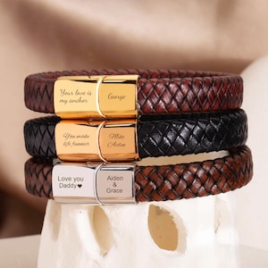 Pulsera de cuero trenzada personalizada para hombre, pulsera con nombres familiares grabados, pulsera con mensaje oculto, regalo de aniversario para él, regalo para el Día del Padre