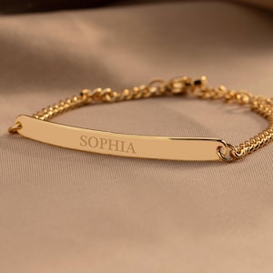 Personalised Name Bar Bracelet with Curb Chain, Custom Engraved Name Bracelet, Dainty Gold Bar Bracelet, Gift for Her, Father Day Gifts