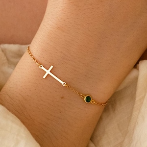 Cross Bracelet with Birthstone, Gold Birthstone Cross Bracelet, Mini Cross Bracelet，Baptism Gift, Confirmation Gift for Her, Birthday Gift