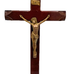 Vintage Inri Wooden Cross with Brass Jesus Crucifix Wall Hanging Larger 12&quot; Size