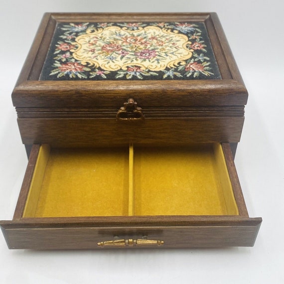 Vintage Wooden Jewelry Music Box Tapestry Top Yel… - image 7