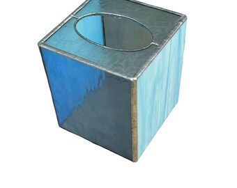 Vintage Leaded Stained & Slag Glass Two Tone Blue Tissue Box Cover