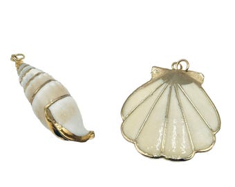 Lot of 2 Vintage Seashell Sea Shell Pendants Gold Tone Trim Spiral and Scalloped