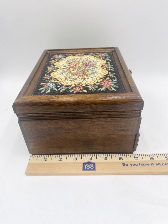 Vintage Wooden Jewelry Music Box Tapestry Top Yel… - image 9