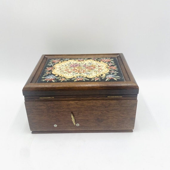 Vintage Wooden Jewelry Music Box Tapestry Top Yel… - image 3