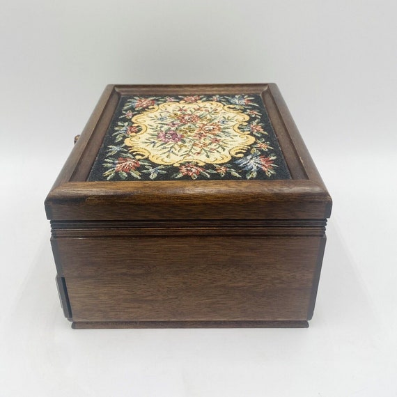 Vintage Wooden Jewelry Music Box Tapestry Top Yel… - image 4