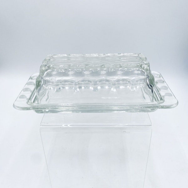 Vintage Clear Glass Thumb Dot Butter Dish Base & Sunburst Lid Design