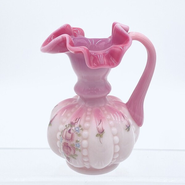 Fenton Glossy Rosalene Melon Beaded Pitcher Hand Painted and Signed C Smith