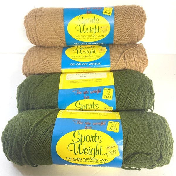 Vintage Lot of 4 Caron Sports Weight Yarn Lot Orlon Wintuk 2 Green / 2 Cocoa