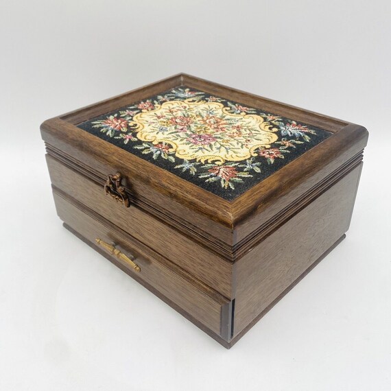 Vintage Wooden Jewelry Music Box Tapestry Top Yel… - image 5
