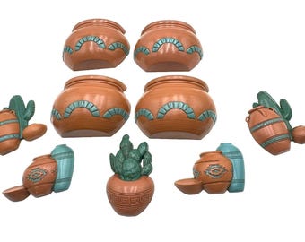 Vintage Burwood Southwestern Wall Pocket Pots & Cactus 9 Pc Wall Decor Plastic