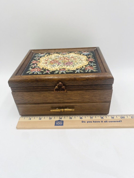 Vintage Wooden Jewelry Music Box Tapestry Top Yel… - image 8