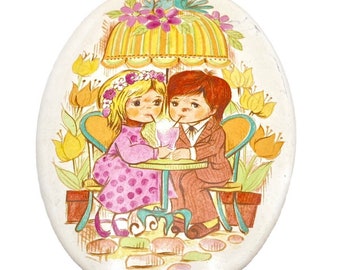 Vintage Kitsch Kitschy Oval Wall Plaque Soda Shop Couple Blue Birds Cobblestone