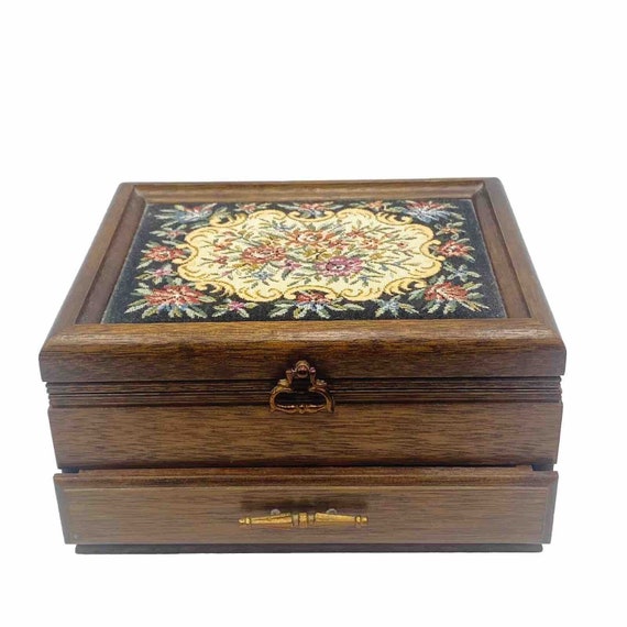 Vintage Wooden Jewelry Music Box Tapestry Top Yel… - image 1