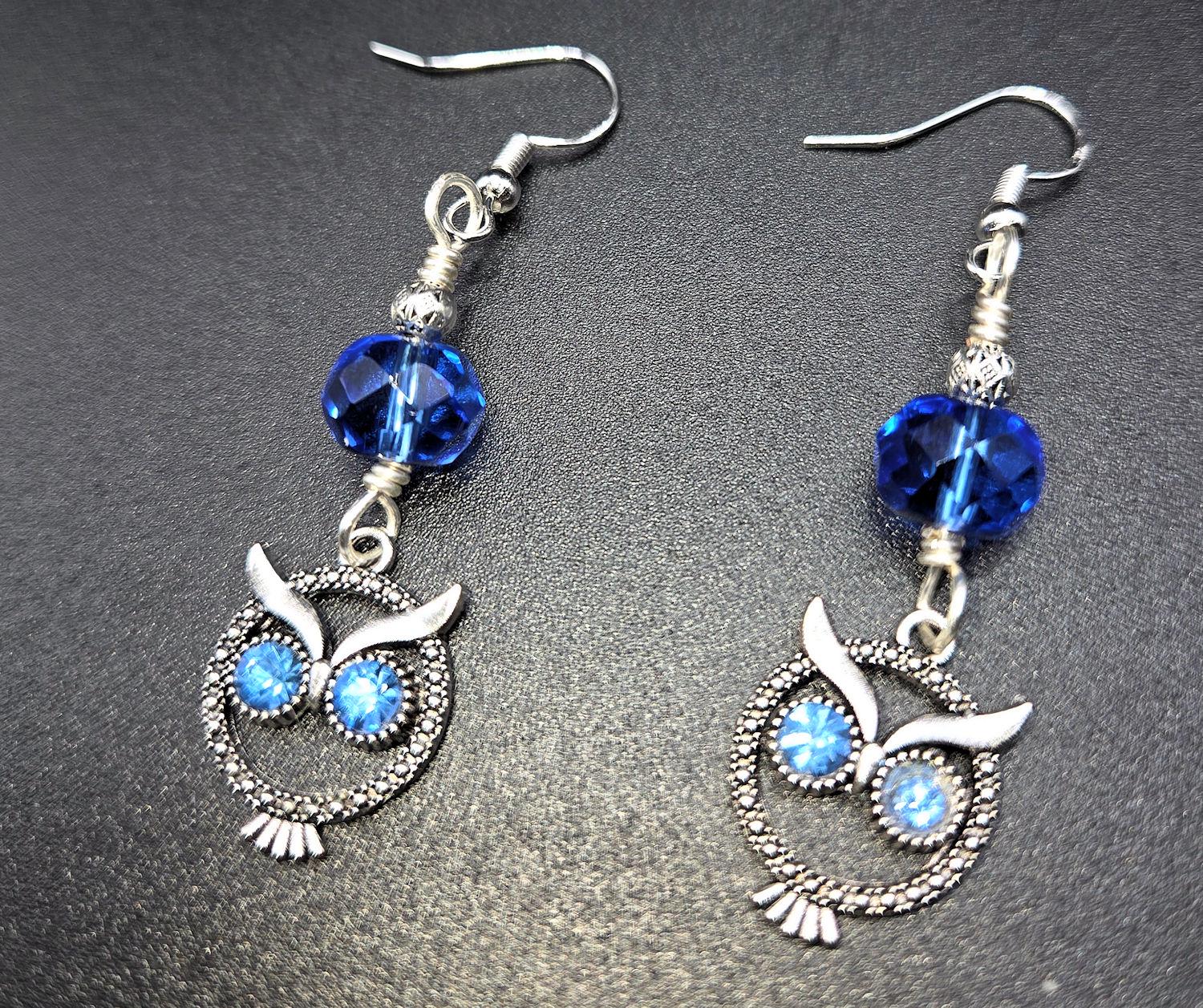 Beaded Earrings with Crystal eyed owls. Sterling silver ear wires. Swarovski crystals eyes. Gift for