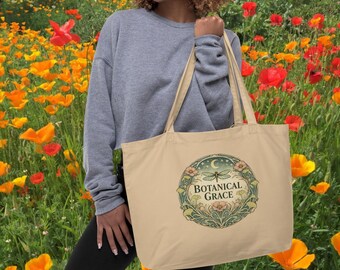 Botanical Grace Organic Cotton Tote Bag | Nature Logo Tote | Reusable Market and Book Bag