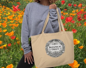 Botanical Grace Organic Cotton Tote Bag | Black & White Logo Tote | Reusable Market and Book Bag
