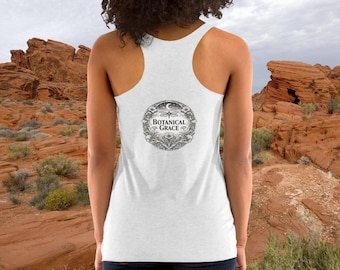Botanical Grace Racerback Tank | Black & White Logo Tank Top
