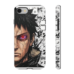 May include: White phone case featuring a manga-style illustration of a character with black hair and a red eye. The design includes speech bubbles and sound effects in black and white.