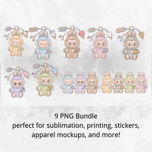 9 png-bundel, labubu-personageontwerpen, digitaal bestand voor sublimatie, afdrukken, stickers, kledingmodellen