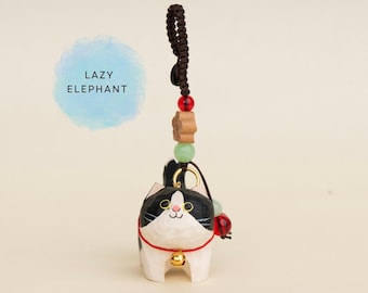 Handcrafted Wooden Cat Charm Keychain | Handmade Bag Accessory | Car Keyring | Phone Strap | Woven Cord | Lucky Pendant for Purse