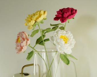 Crochet Peony Bouquet: Soft Yarn flowers, Handmade Bouquet Stem, Home Decoration and Gift Set