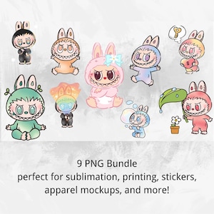 9 PNG Bundle, Labubu Character Designs, Digital File for Sublimation, Printing, Stickers, Apparel Mockups