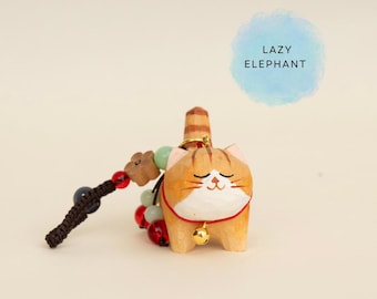 Handcrafted Wooden Cat Charm Keychain | Handmade Bag Accessory | Car Keyring | Phone Strap | Woven Cord | Lucky Pendant for Purse