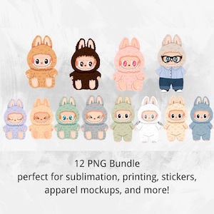 12 PNG Bundle, Labubu Character Designs, Digital File for Sublimation, Printing, Stickers, Apparel Mockups